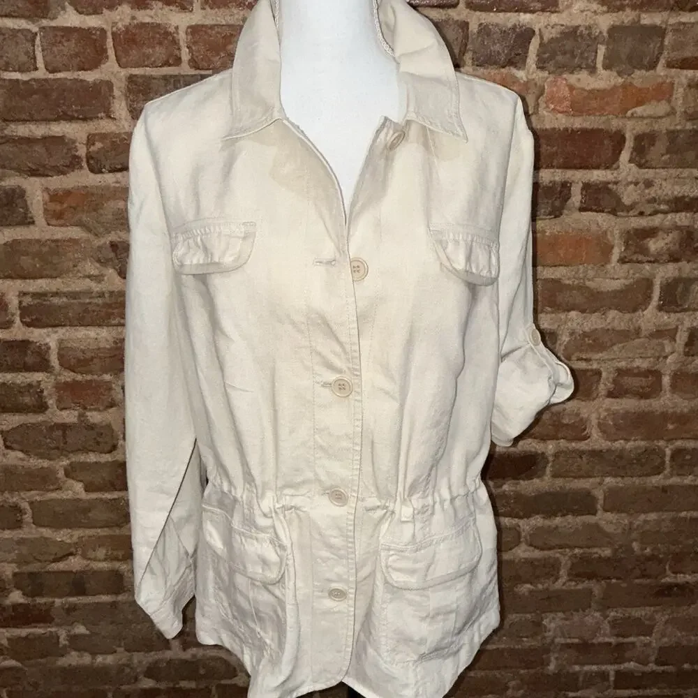 100% Linen Safari Shirt/jacket Utility Coastal Drawstring Waist Roll Tab L EUC - Picture 2 of 13